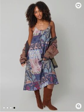 NATURAL LIFE Lizzie Blue Patchwork Midi Slip Dress Boho Floral Sundress Flowy